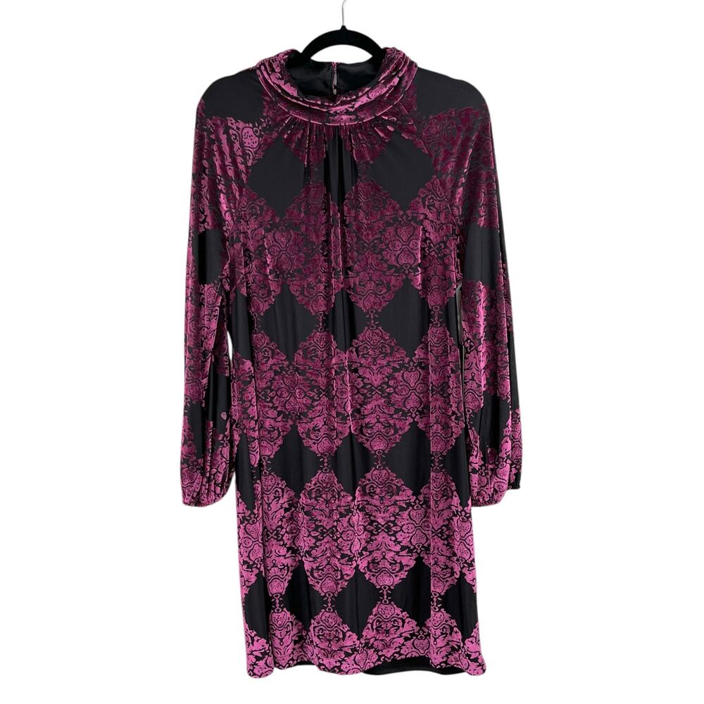 Vince Camuto Magenta Burnout Velvet Mock Neck Balloon Sleeve Mini Dress 16 NWT - Picture 2 of 14